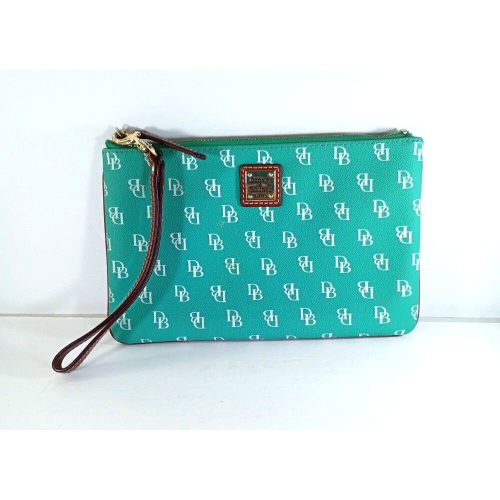 Dooney & Bourke Gretta Zip Clutch Wristlet Seafoam Green DB Monogram Tan Leather